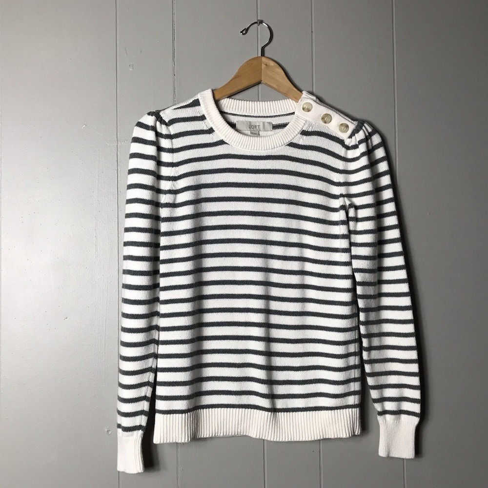 LOFT GRAY WHITE STRIPED SWEATER DECORATIVE BUTTONS 100% COTTON WOMENS SIZE XS
